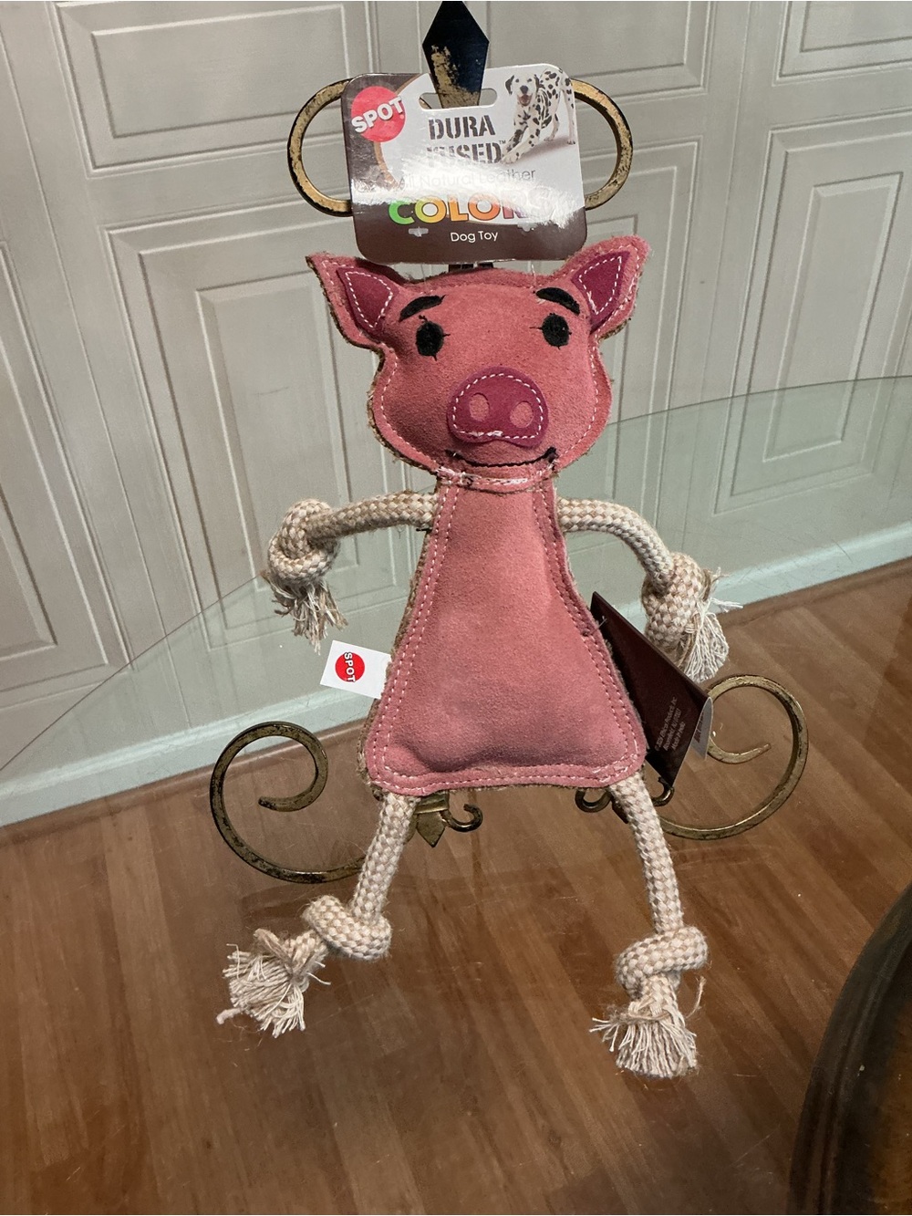 SPOT Dura-Fused Leather Jungle Animals Pig - Dog Toy with Squeakers and Rope 12”
